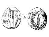 Simon Bar Gioras, Coin of, bronze, Jewish, 69 AD. Left: `Simon` (Bar Gioras), three-stringed lyre. Right: Deliverance of Jerusalem`, palm branch, enclosed in an olive wreath.